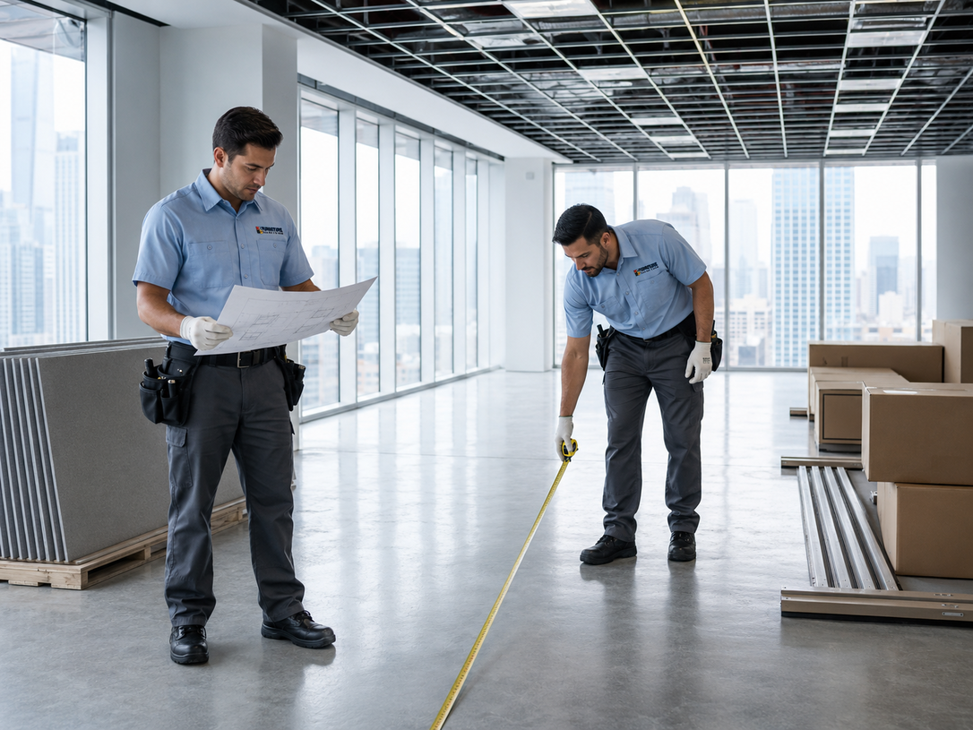 Two workers in blue shirts measure a floor in a bright office under renovation