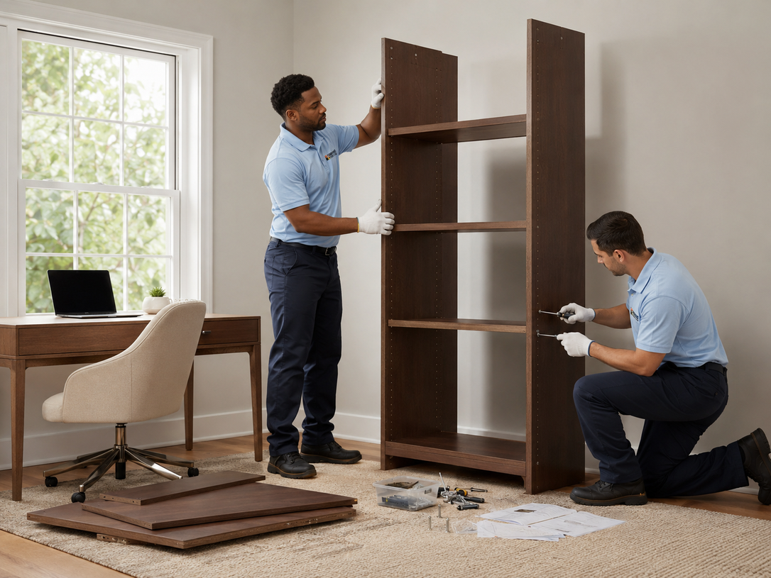 Two people assembling a brown bookshelf in a bright living room, with tools and panels on the floor.