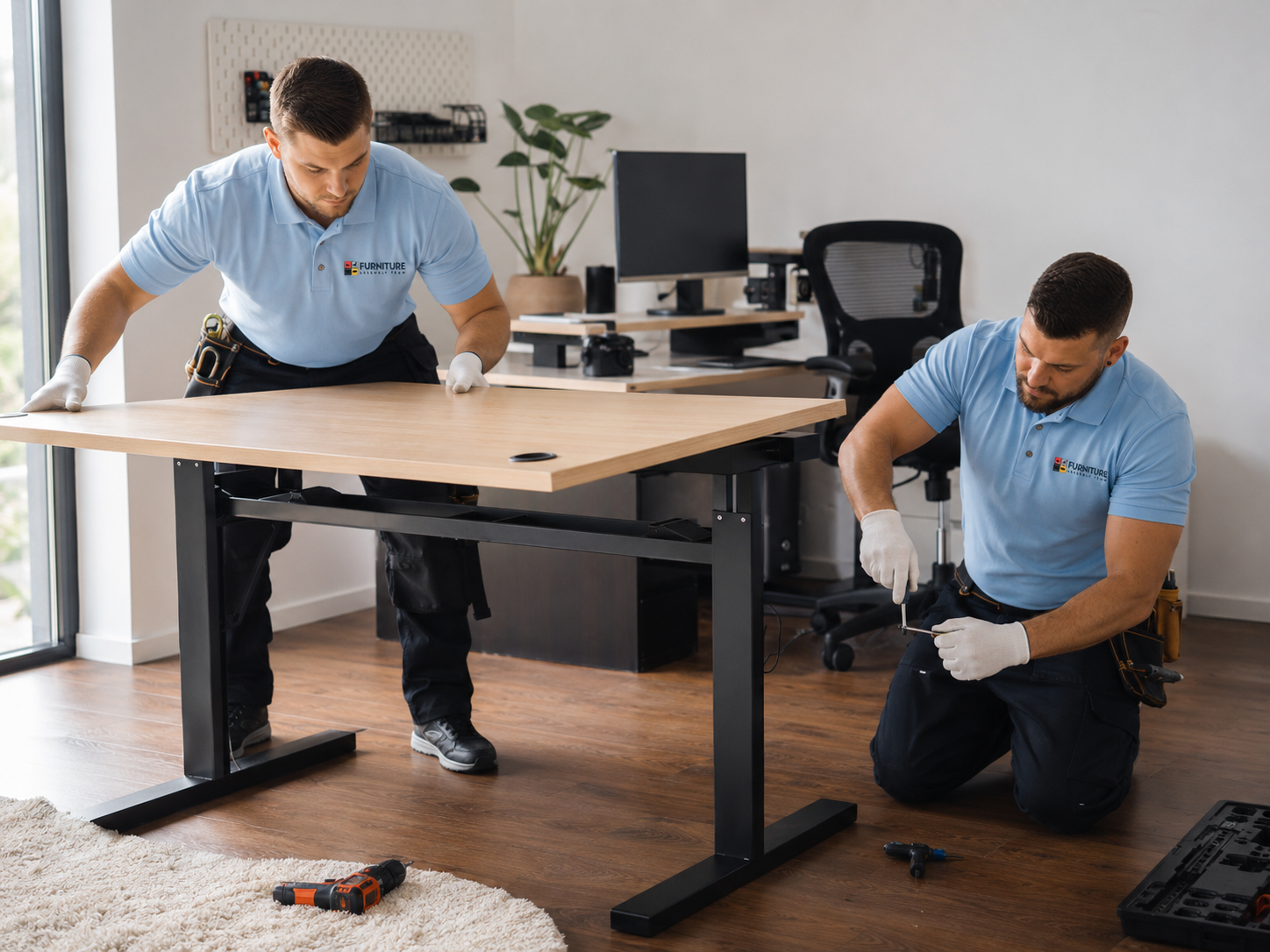 Two workers assembling a standing desk in an office, using tools on the floor and tabletop.
