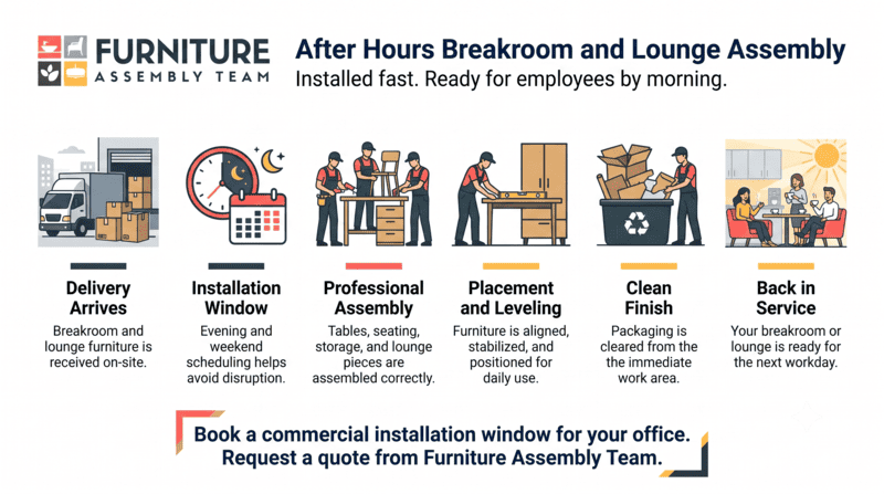 Furniture Assembly Team ad: after-hours breakroom and lounge assembly with six service steps and contact callout.