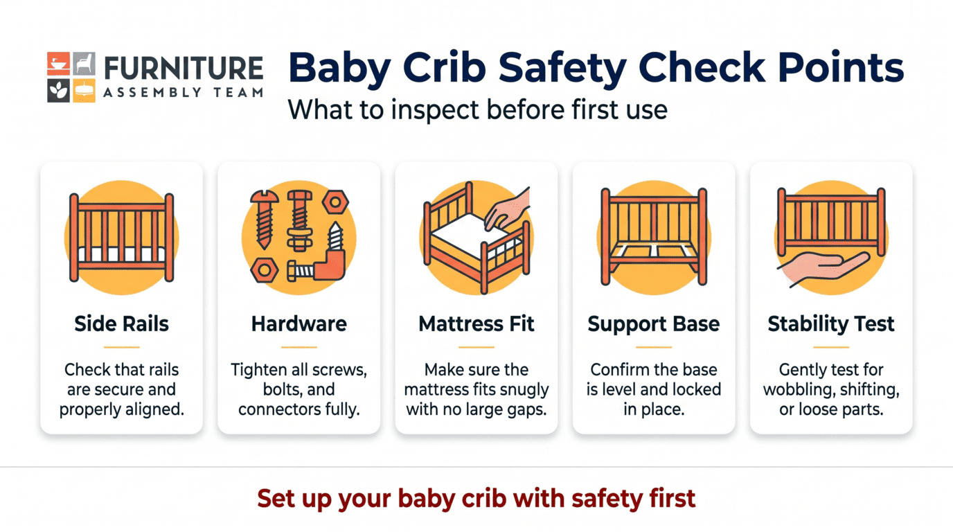 Infographic: baby crib safety check points with icons for side rails, hardware, mattress fit, support base, stability test