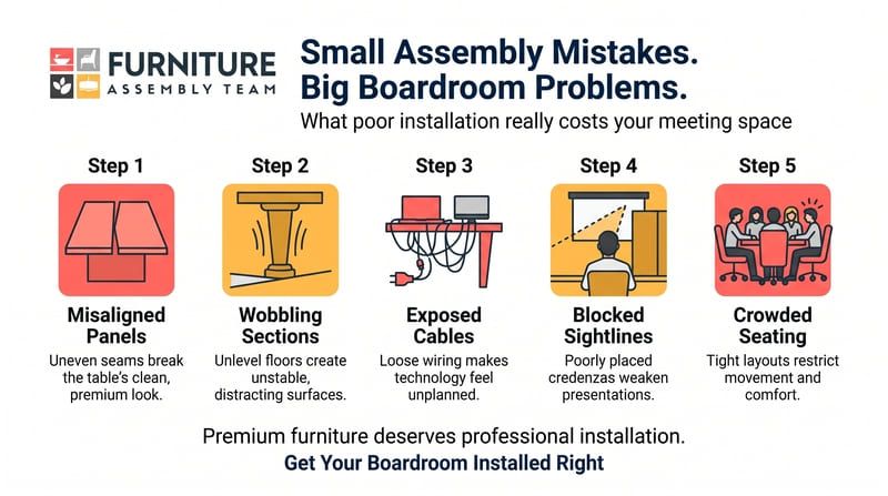 Infographic on small assembly mistakes: misaligned parts, wobbly sections, exposed cables, blocked sightlines, crowded seating.