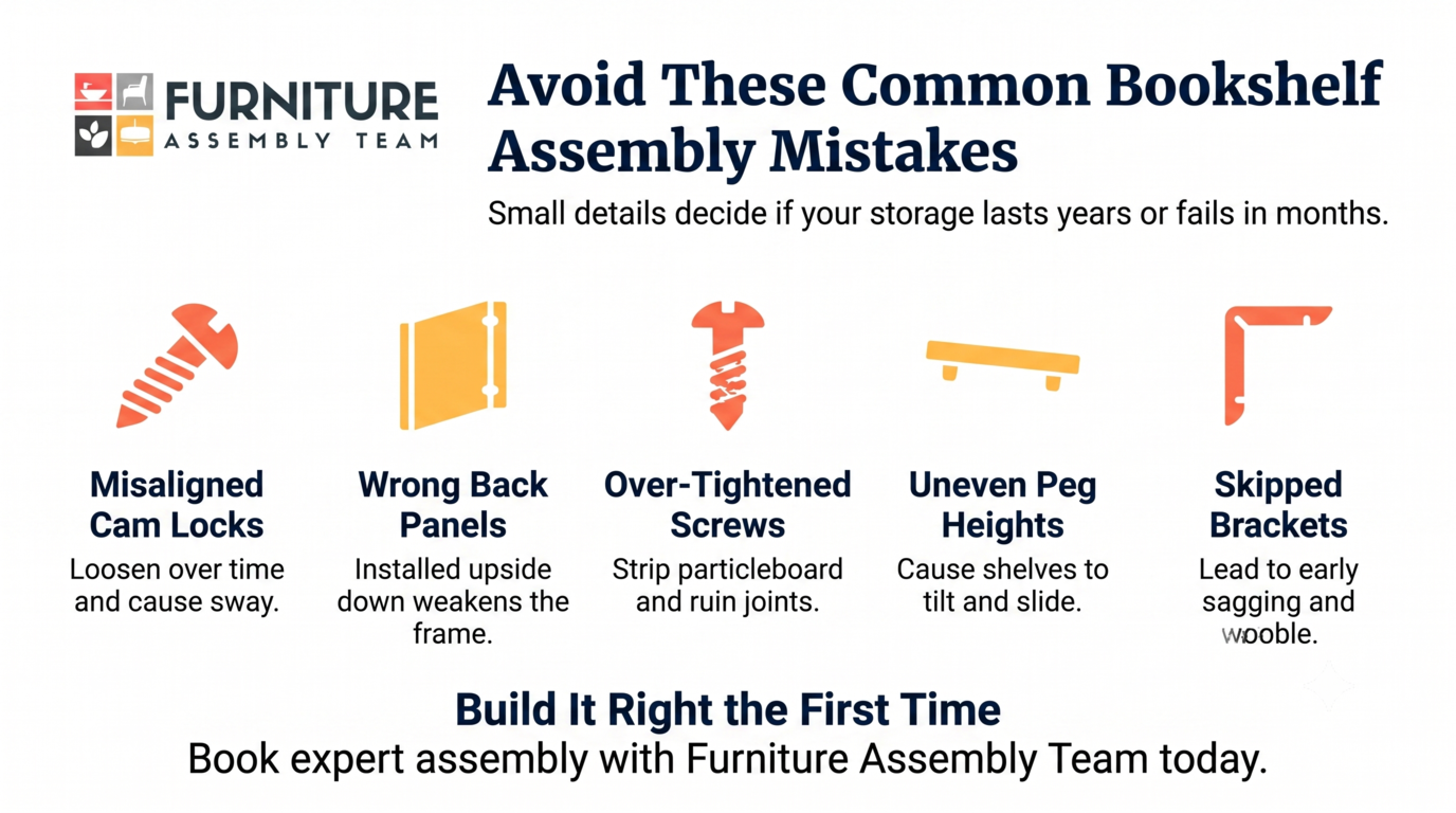 Infographic on bookshelf assembly mistakes with orange icons and tips for proper assembly