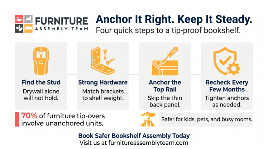 Furniture safety infographic: anchor it right, keep it steady, with four steps and white text on orange panels.