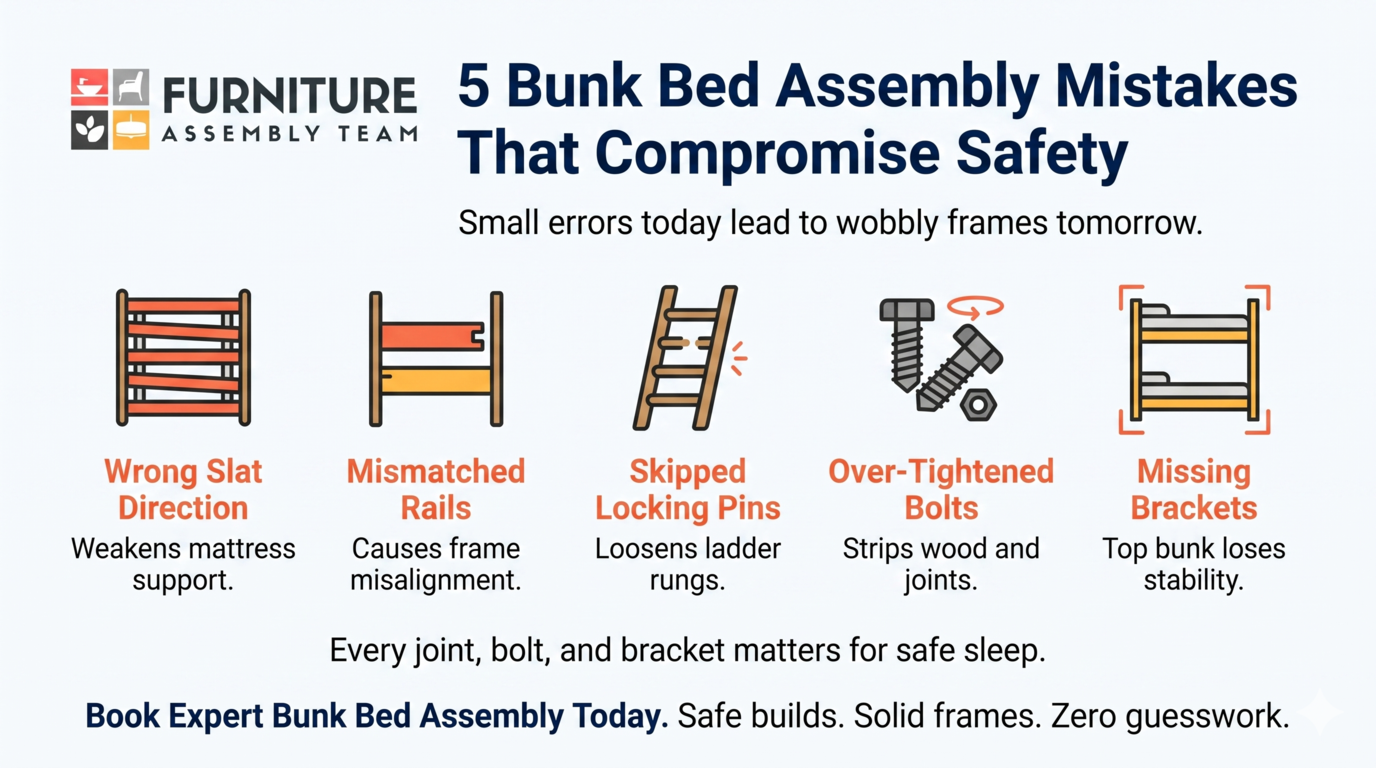 Infographic on 5 bunk bed assembly mistakes: wrong slats, misaligned rails, skipped locking pins, over-tightened screws, missing brackets.