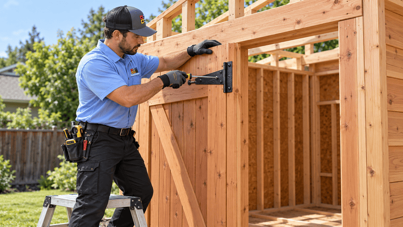 Worker using a nail gun on a wooden house frame at a construction site