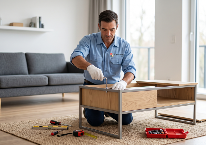 Person assembling a wooden coffee table with tools in a bright living room