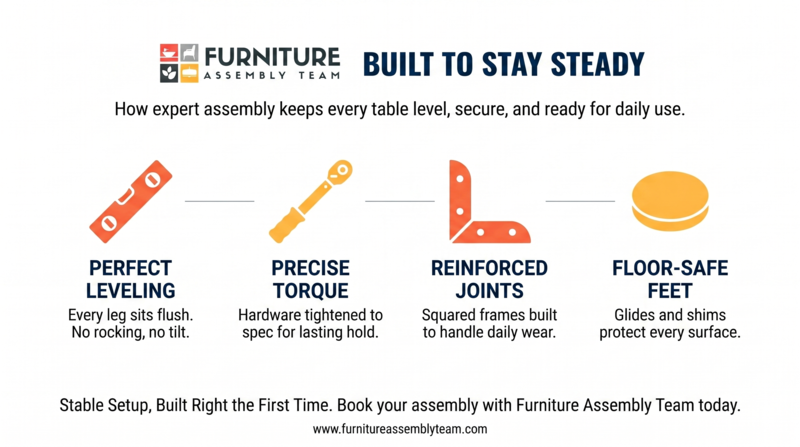 Furniture assembly ad: “Built to Stay Steady,” with icons for leveling, torque, reinforced joints, and floor-safe feet.
