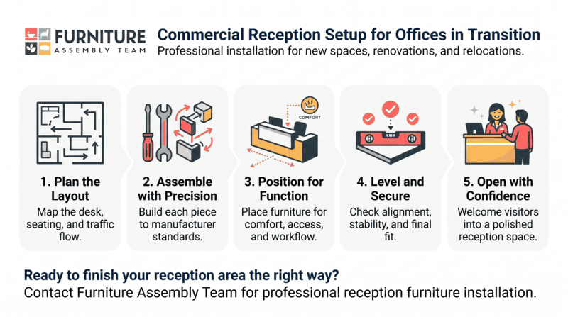 Commercial reception setup infographic with 5 installation steps and furniture assembly service logo