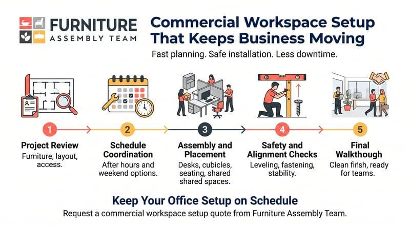 Commercial workspace setup infographic with 5 steps from planning to assembly, delivery, and final layout.