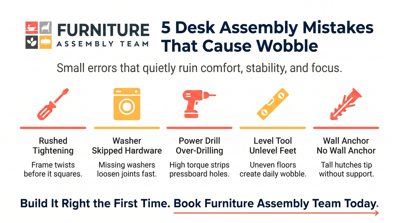 Infographic about 5 desk assembly mistakes causing wobble, with tools and assembly icons on a white background