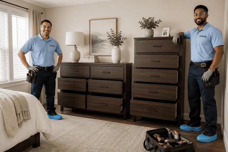 Two movers in blue shirts and gloves stand in a bedroom beside dark wood dressers and a lamp.