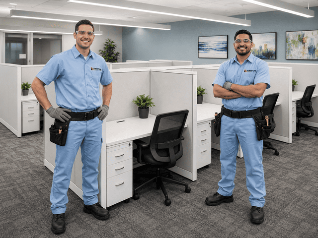 Two uniformed security guards standing in a modern office workspace