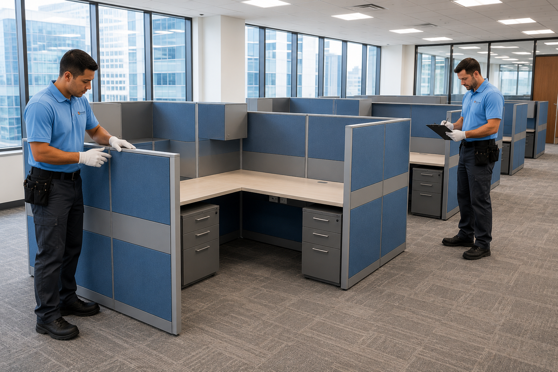 Two office workers assembling blue cubicle partitions in a bright office room.