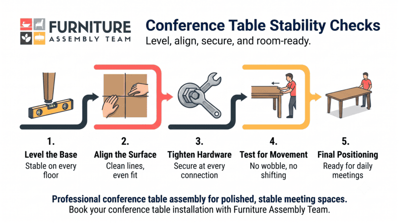 Illustrated furniture assembly guide for conference table stability checks with 5 step icons and arrows