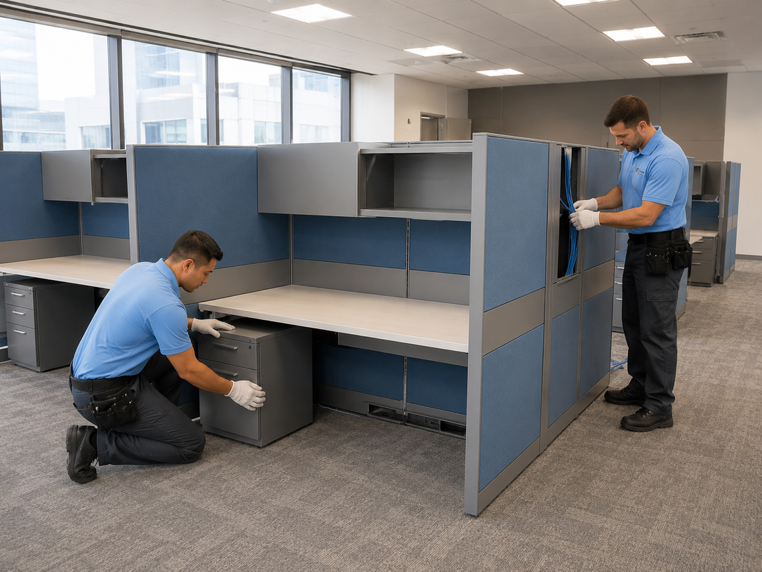 Two workers assembling blue office cubicles in a carpeted office room.