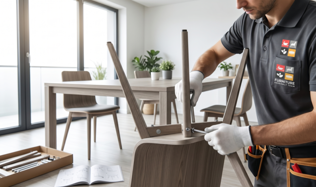 Worker assembling a wooden table in a bright dining room, with chairs and tools nearby.