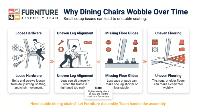 Infographic on why dining chairs wobble, showing loose hardware, uneven leg alignment, missing floor glides, and uneven flooring