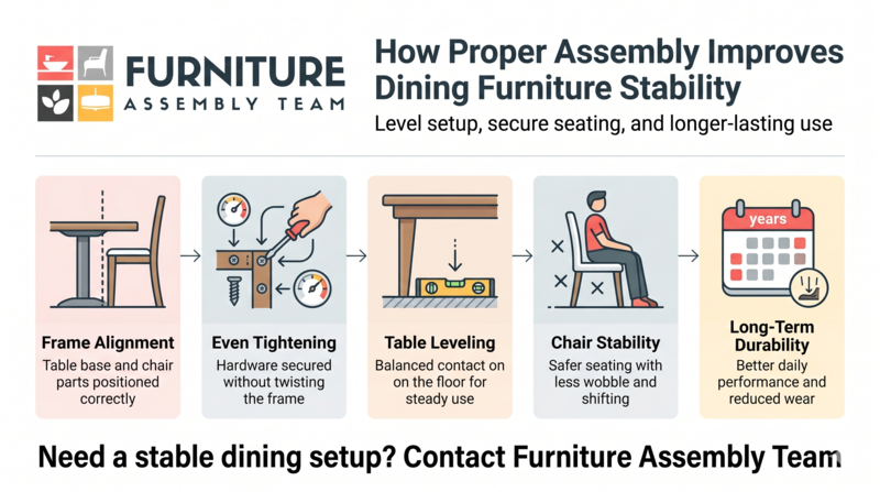 Furniture Assembly Team ad: dining setup assembly tips with icons and text on stability and durability