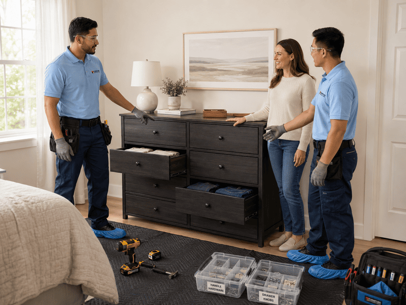 Three movers in blue shirts standing in a living room with furniture and packed tool boxes