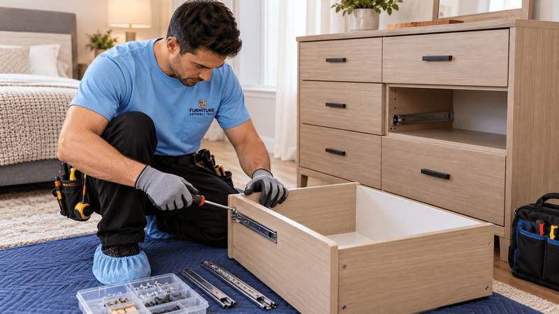 Technician adjusting a drawer slide inside a nearly completed dresser with one drawer removed nearby