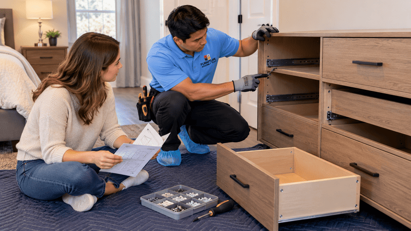 Homeowner and technician inspecting a misaligned drawer slide on a partially assembled dresser