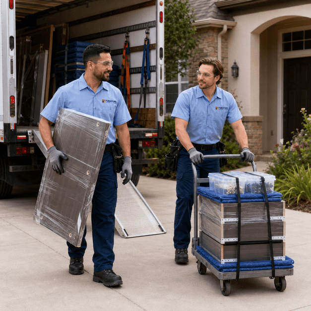 Two movers in blue uniforms carry wrapped furniture beside a moving truck at a house