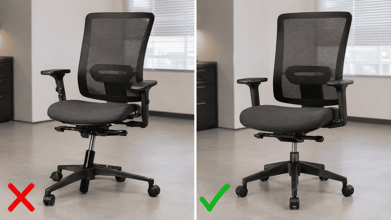 Office chair height-adjusted correctly, with red X on low seat and green check on proper seat height.