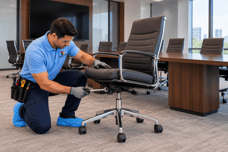 Technician kneels beside a black office chair, adjusting its base in a modern office room.