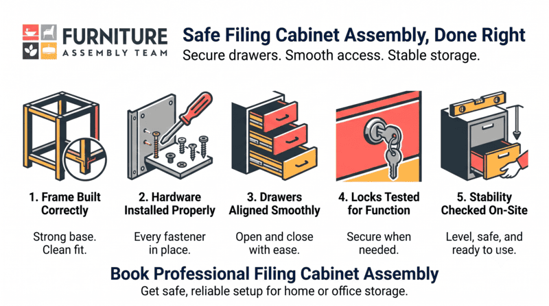 Cabinet assembly infographic with five labeled steps, tool icons, and blue-gray cabinets on a white background