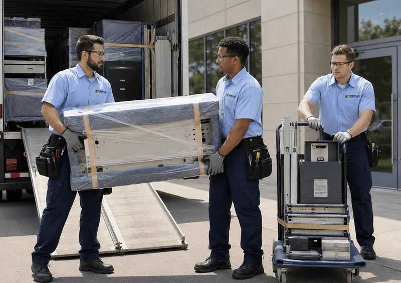 Three workers unloading a wrapped pallet from a truck outside a building