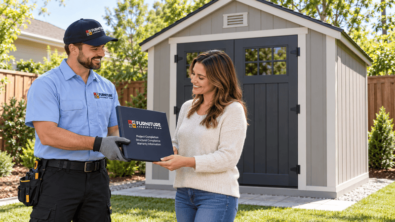 Two people holding a brochure in front of a gray backyard shed