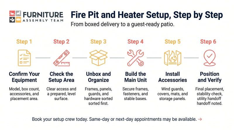Fire pit heater setup infographic showing six step-by-step installation stages with small icons on a light background