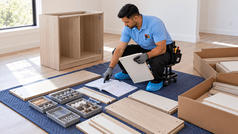 Technician comparing flat-pack panels with instructions beside sorted furniture hardware and a partially assembled cabinet