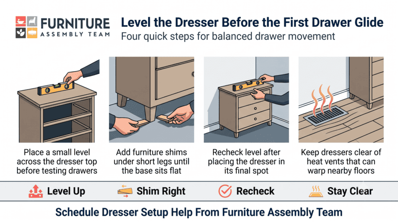 Infographic showing four steps to level a dresser before installing drawer slides.