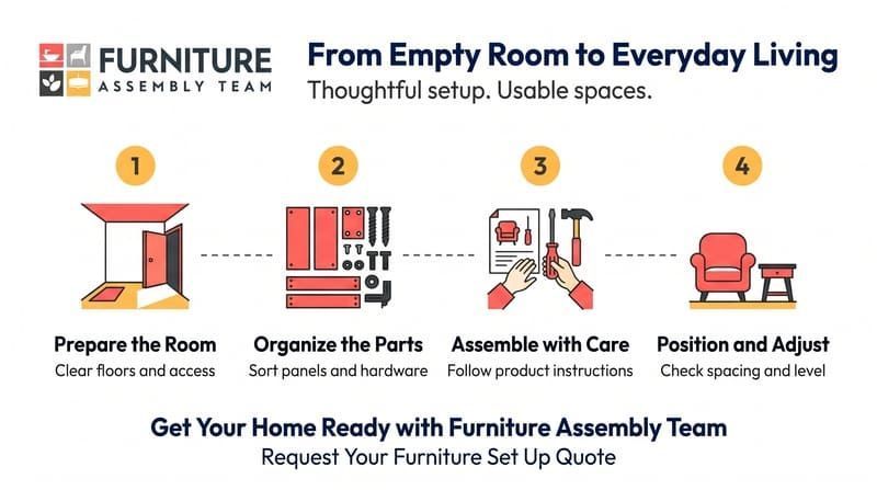 Furniture Assembly Team infographic: 4-step setup from empty room to everyday living, with icons and bold orange labels