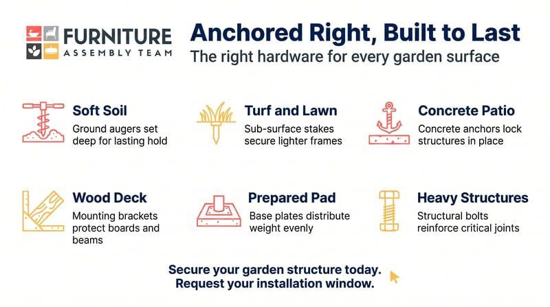 Furniture assembly ad with icons for soft soil, turf and lawn, concrete patio, wood deck, prefab pad, and heavy structures