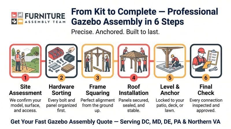 Graphic: Gazebo assembly in 6 steps with icons, titled “From Kit to Complete” for DC, MD, DE, PA, Northern VA.