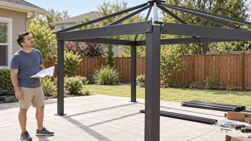 Homeowner noticing a misaligned gazebo frame caused by an early assembly shortcut