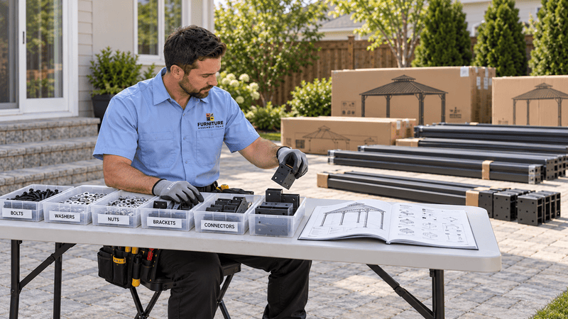 Technician organizing gazebo hardware and instructions before assembly