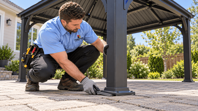 Technician correcting gazebo post support on an uneven paver patio