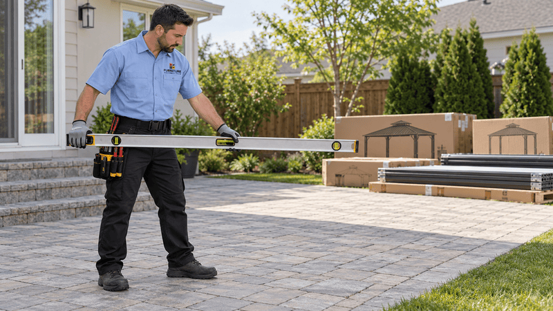 Technician checking a sloped patio before hardtop gazebo installation begins