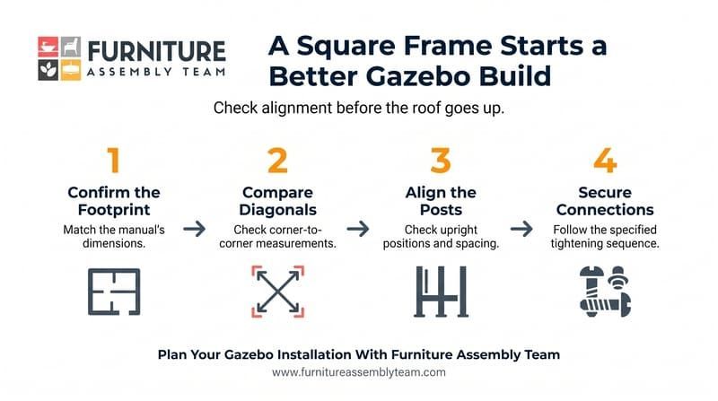Furniture assembly infographic: square frame build with four steps and blue/yellow text on white background