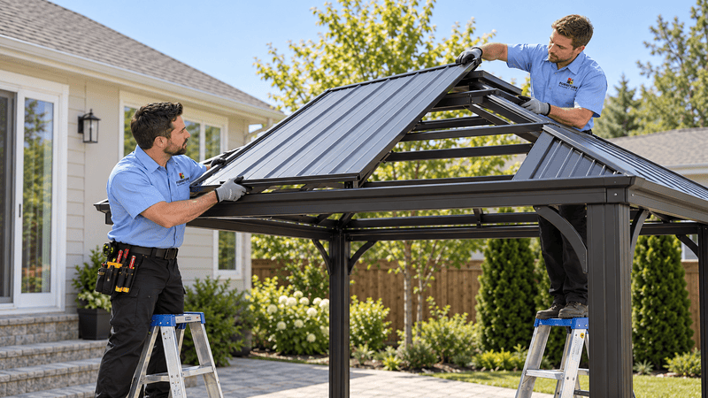 Two technicians aligning a hardtop gazebo roof panel with the upper frame