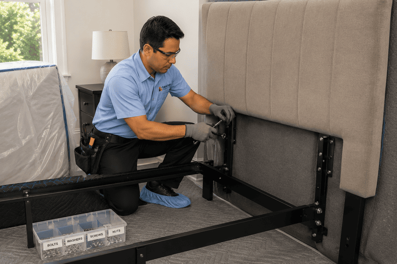Technician assembling a black adjustable bed frame beside a beige upholstered headboard in a bedroom.