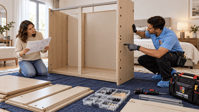 Homeowner and technician reviewing a reversed side panel on a partially assembled flat-pack wardrobe