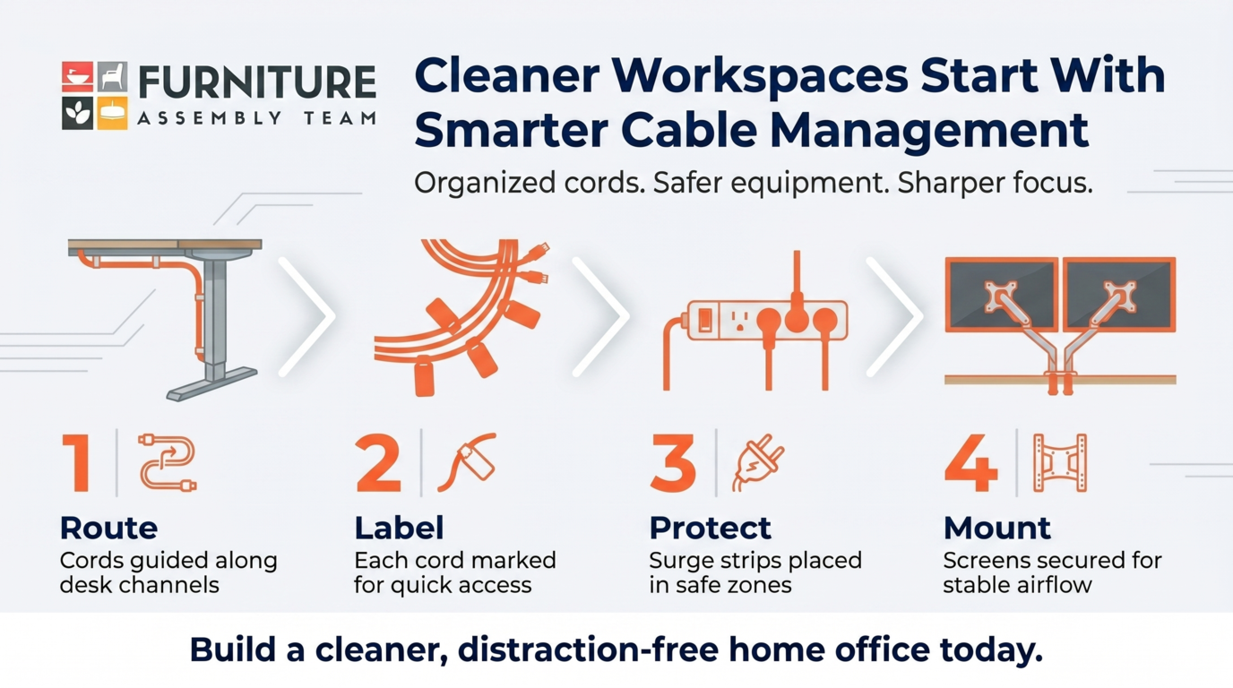 Cable management ad with four steps to create a cleaner, distraction-free home office.