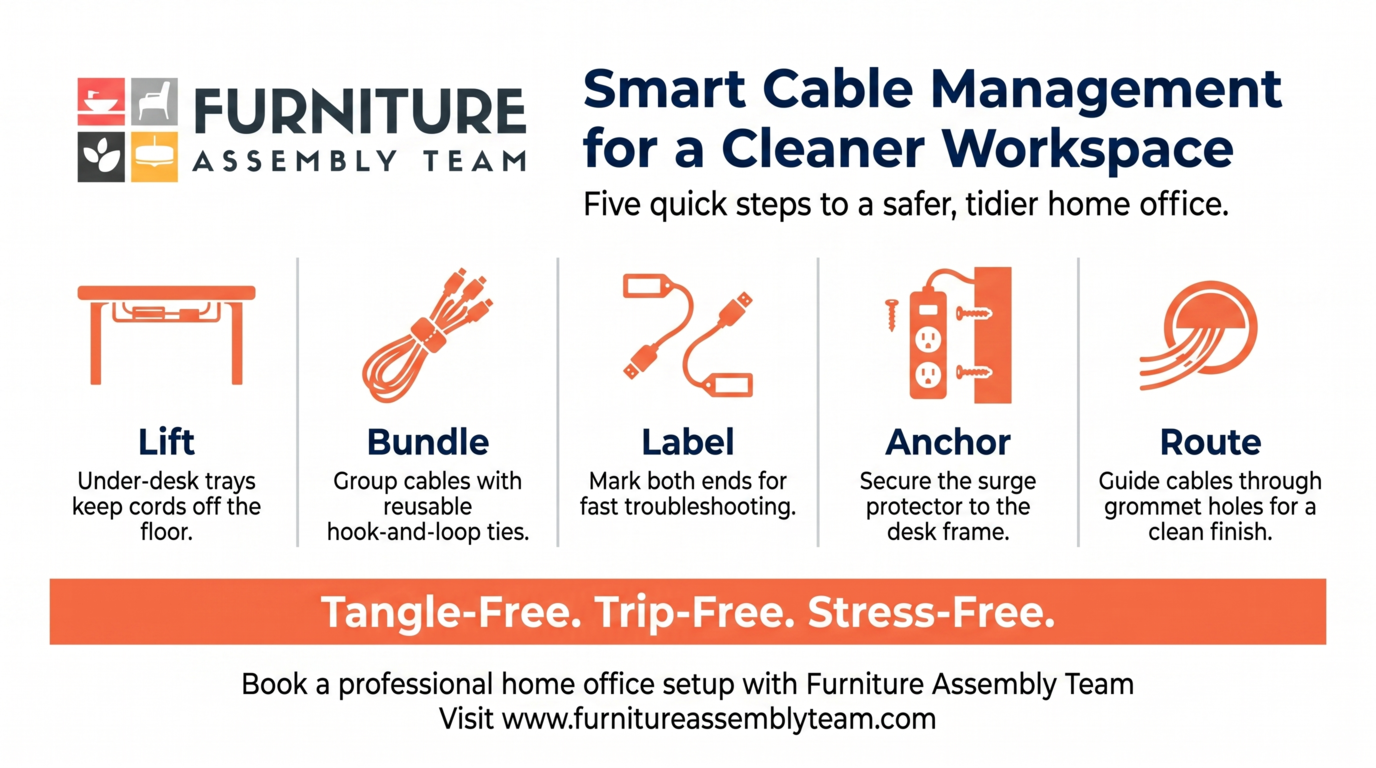 Furniture Assembly Team infographic: smart cable management tips for a cleaner workspace, with five orange steps.