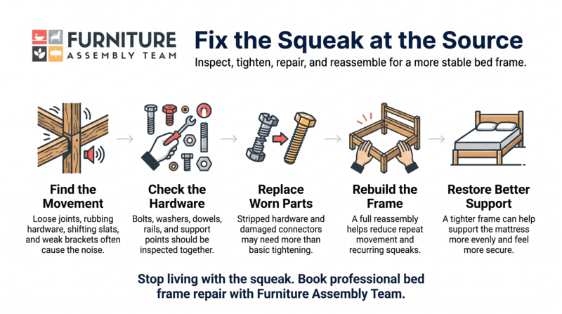 Infographic on fixing squeaky bed frames, with five steps and cartoon tools in black, orange, and white.