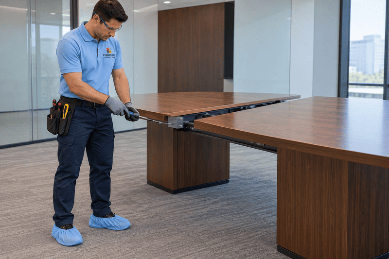 Worker in blue uniform sanitizing a wooden conference table in a modern office.